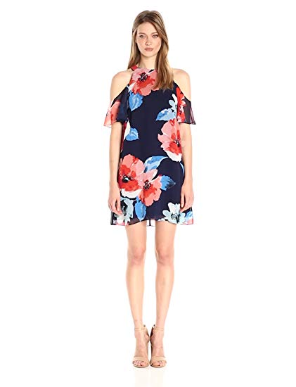 Vince Camuto Women's Printed Chiffon Cold Shoulder Dress Review